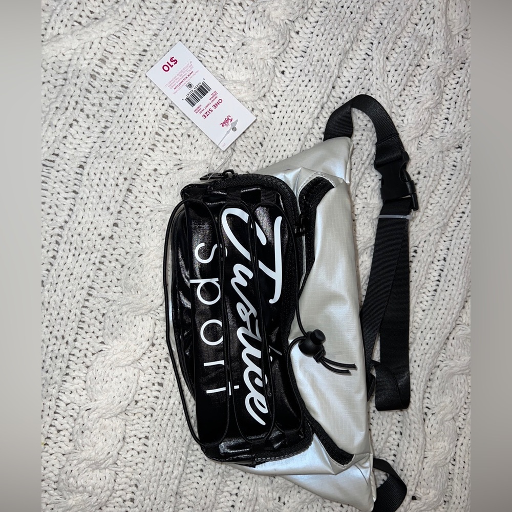 Girls justice white metallic and black contrast nylon fanny pack belt bag